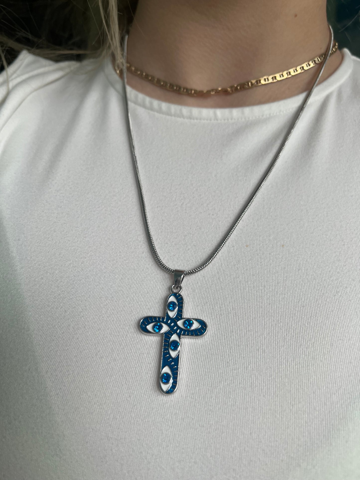 Calista Cross Necklace (Blue & Silver)