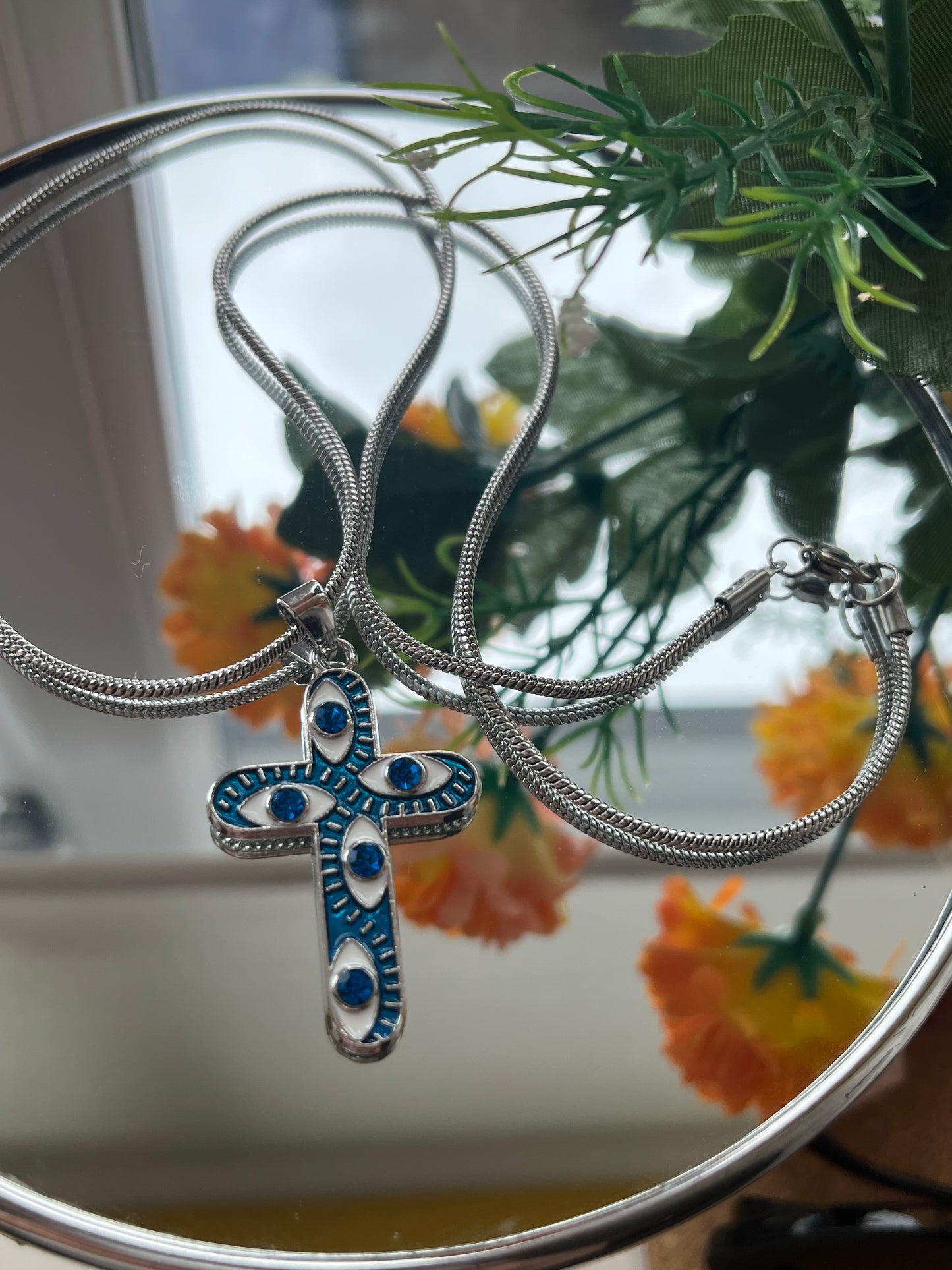 Calista Cross Necklace (Blue & Silver)