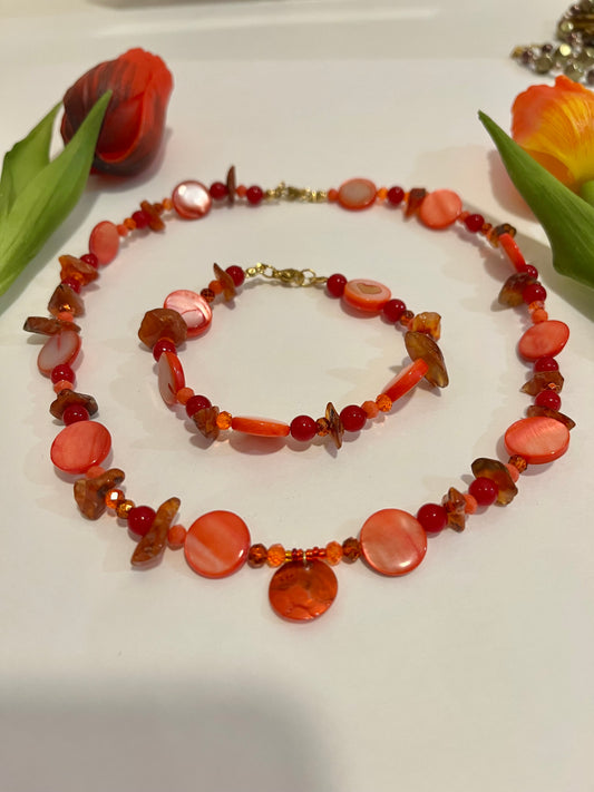 Red Up-cycled Bead Necklace & Bracelet set