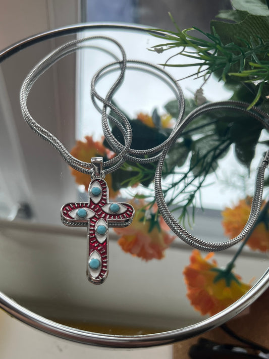 Calista Cross Necklace (Red & Silver)