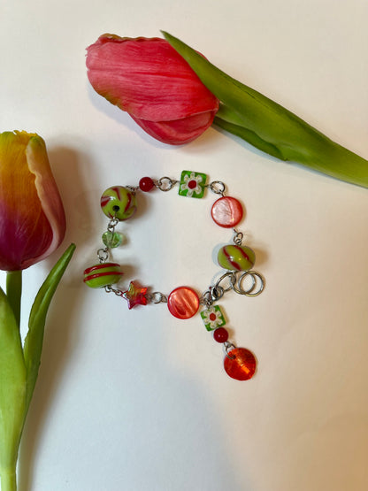 Green & Red Up-cycled Bead Bracelet