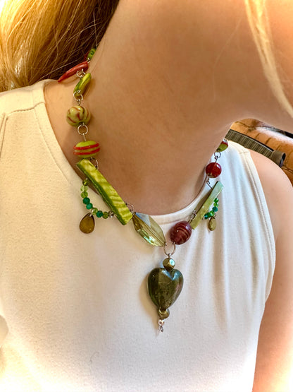 Green & Red Up-cycled Bead Necklace