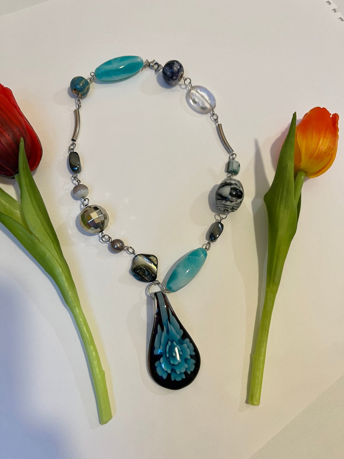 Blue up-cycled bead necklace