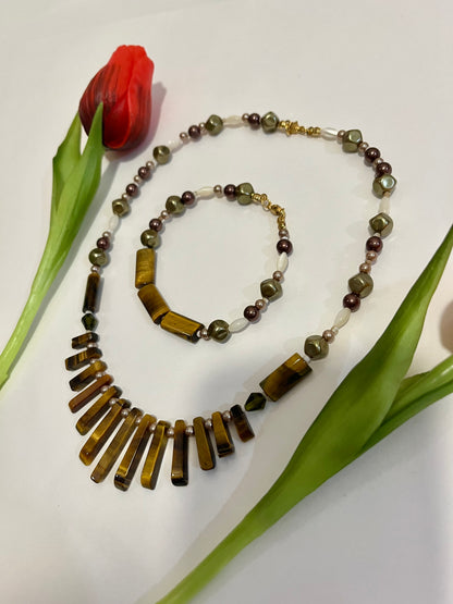 Tiger’s eye Up-cycled Bead Bracelet & Necklace set