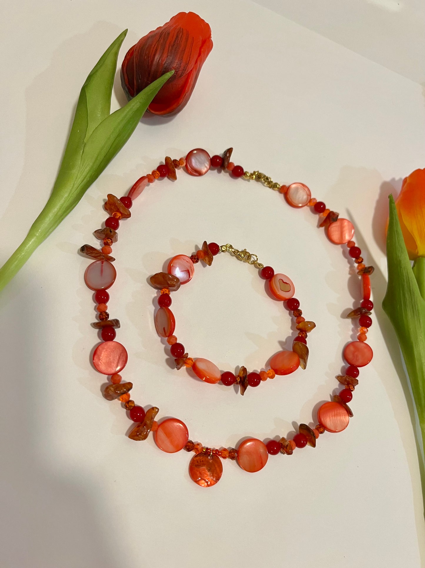 Red Up-cycled Bead Necklace & Bracelet set