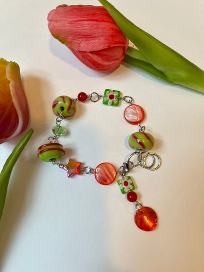 Green & Red Up-cycled Bead Bracelet