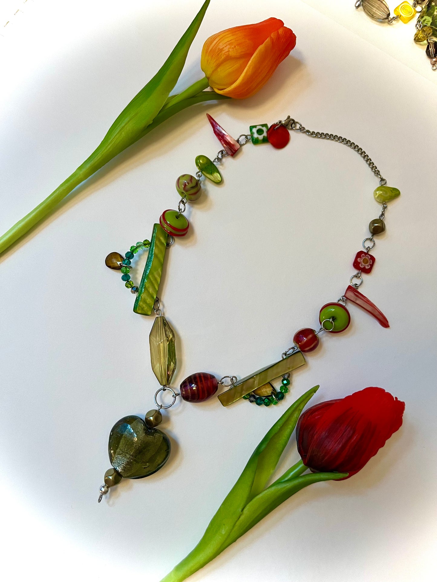 Green & Red Up-cycled Bead Necklace