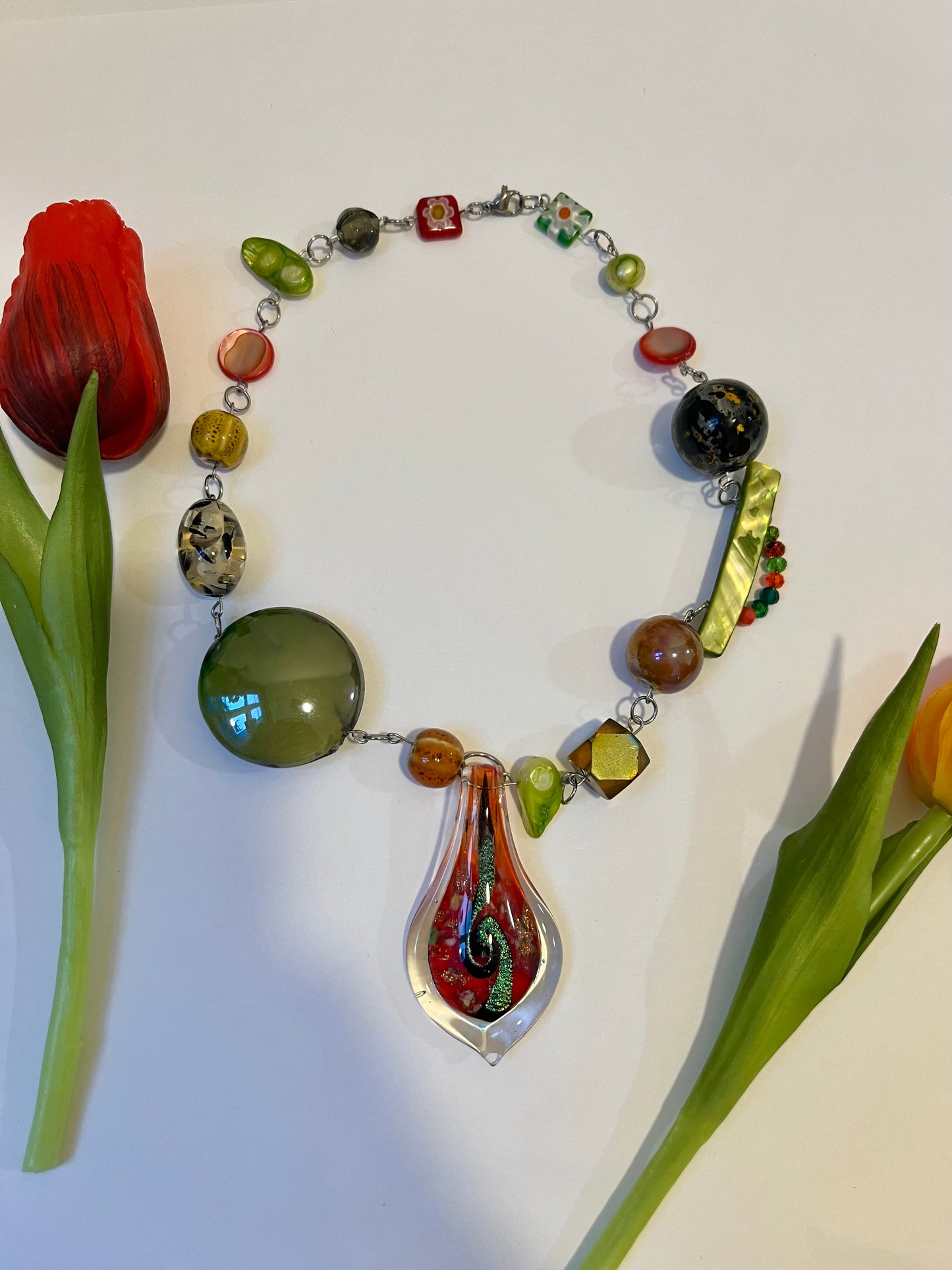 Green & orange up-cycled bead necklace