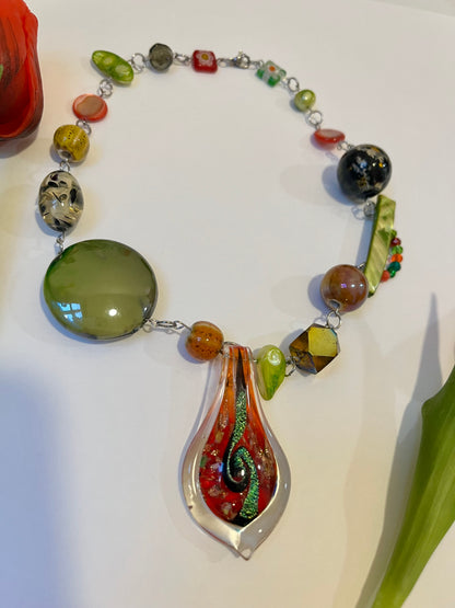 Green & orange up-cycled bead necklace