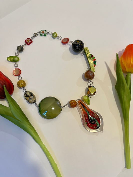 Green & orange up-cycled bead necklace