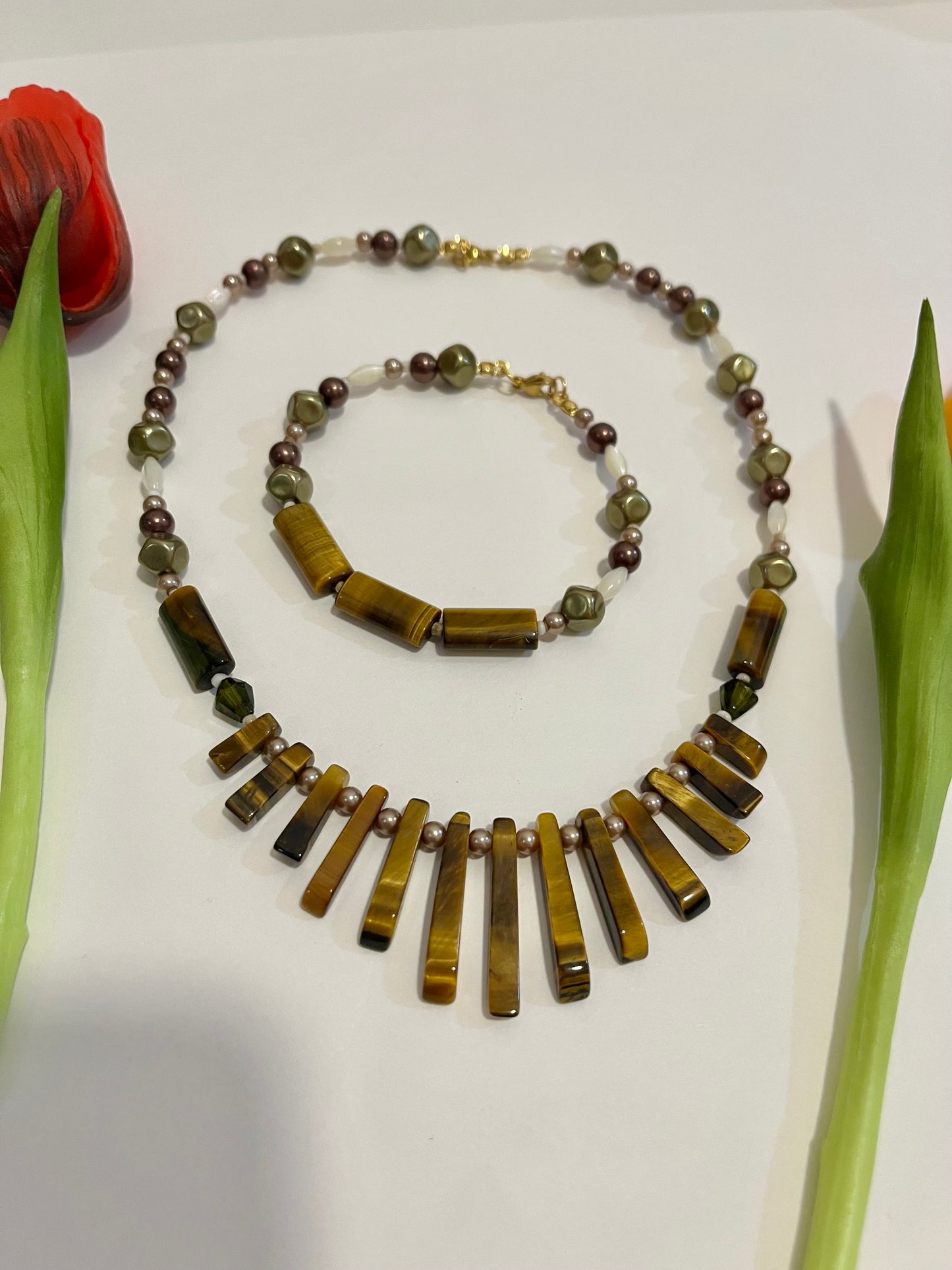 Tiger’s eye Up-cycled Bead Bracelet & Necklace set