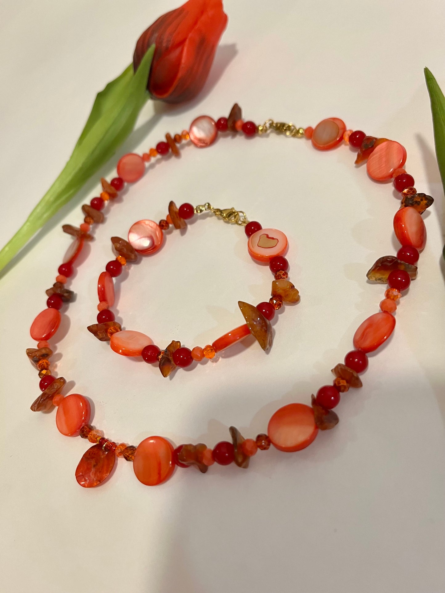 Red Up-cycled Bead Necklace & Bracelet set