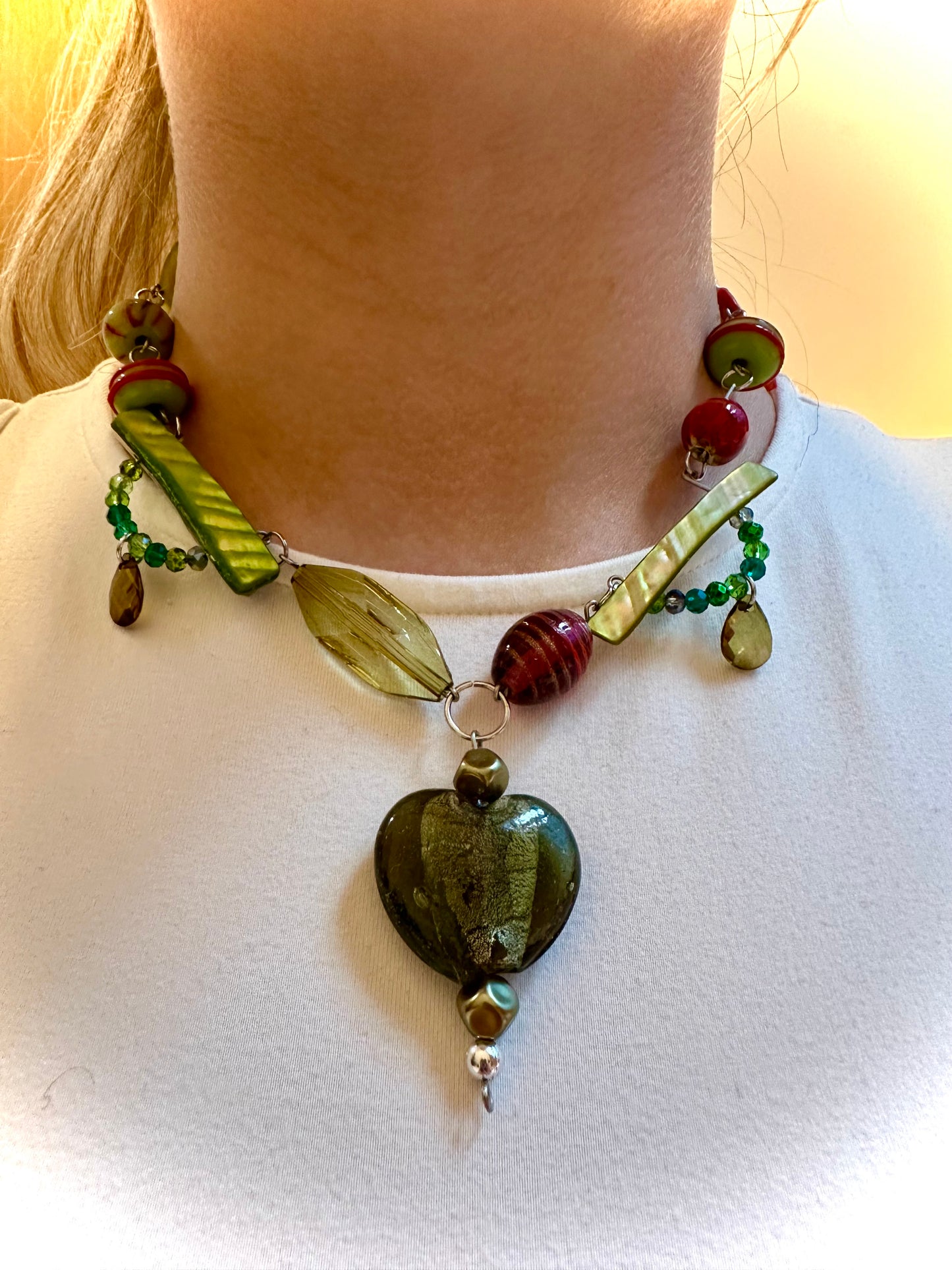 Green & Red Up-cycled Bead Necklace