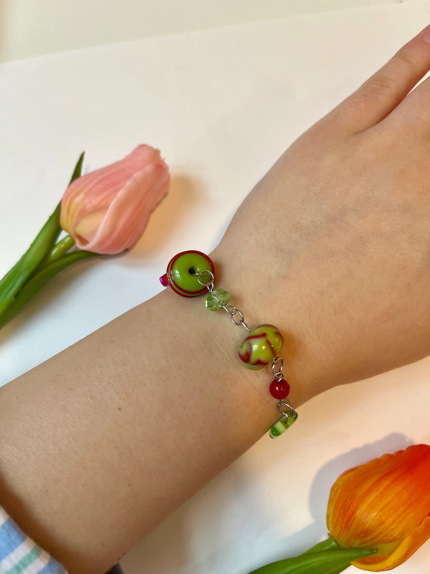 Green & Red Up-cycled Bead Bracelet