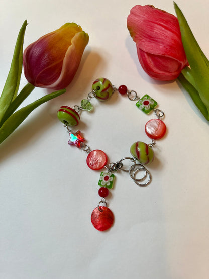 Green & Red Up-cycled Bead Bracelet