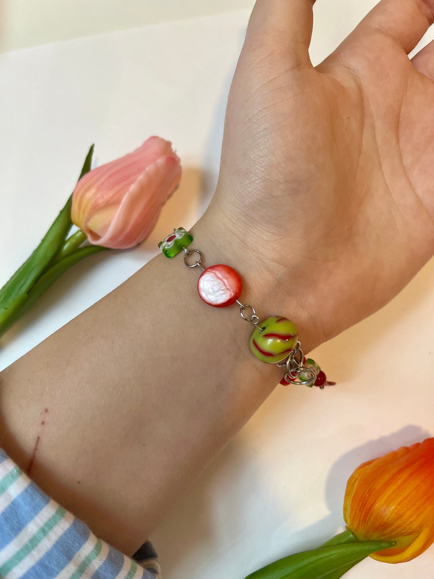 Green & Red Up-cycled Bead Bracelet