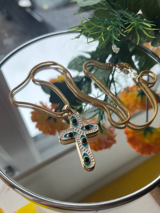 Calista Cross Necklace (White & Gold)